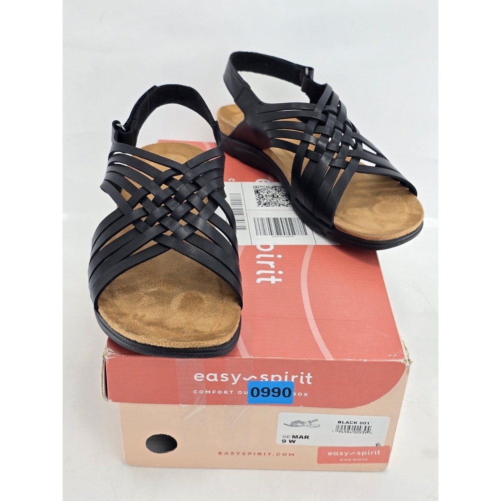 Easy-Spirit Semar Fisherman Woven Leather Sandals Open Toe Women Black Sz 9 W